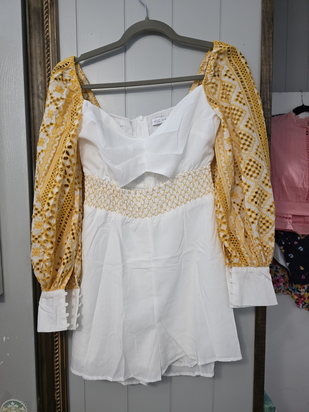 White & Yellow Embroidered Puff-Sleeve Romper